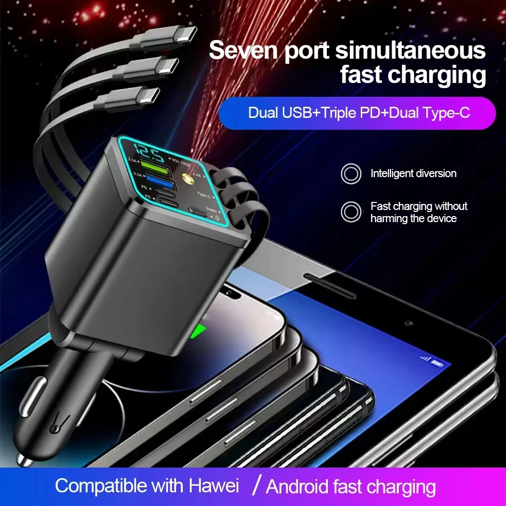 Chargeur allume-cigare 7 en 1 à câbles rétractables