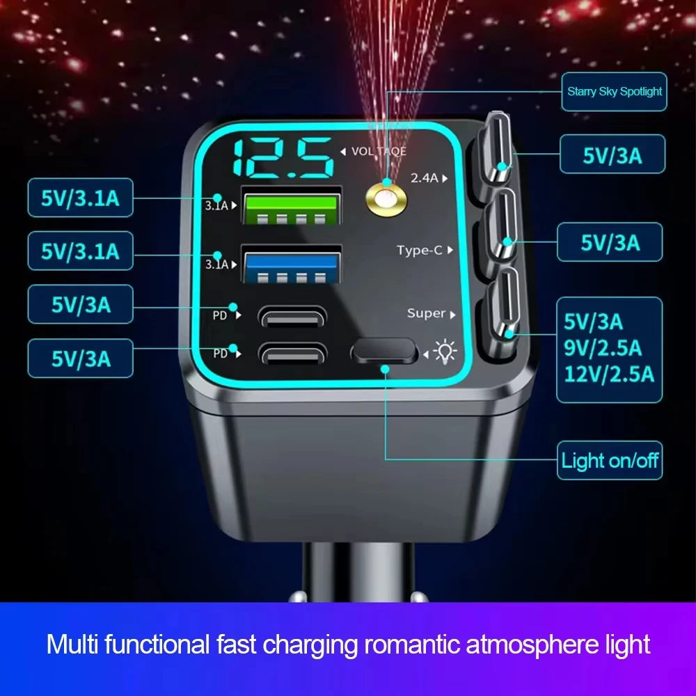 Chargeur allume-cigare 7 en 1 à câbles rétractables