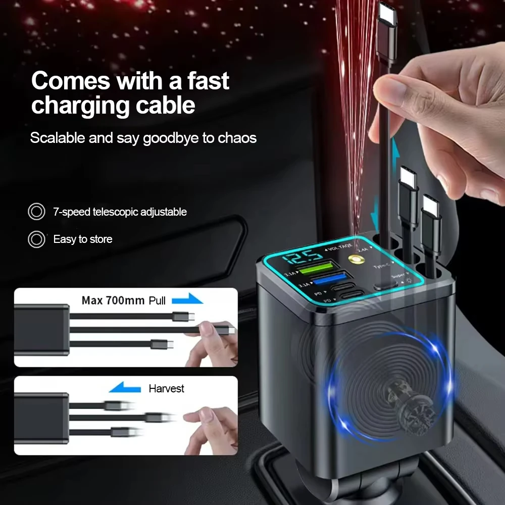 Chargeur allume-cigare 7 en 1 à câbles rétractables